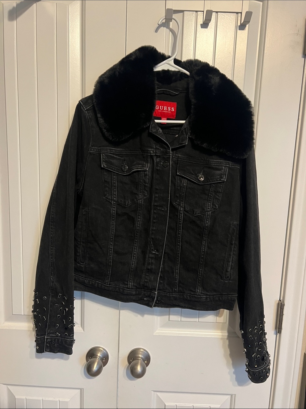 GUESS Black Denim Jacket with Plush Faux Fur Collar